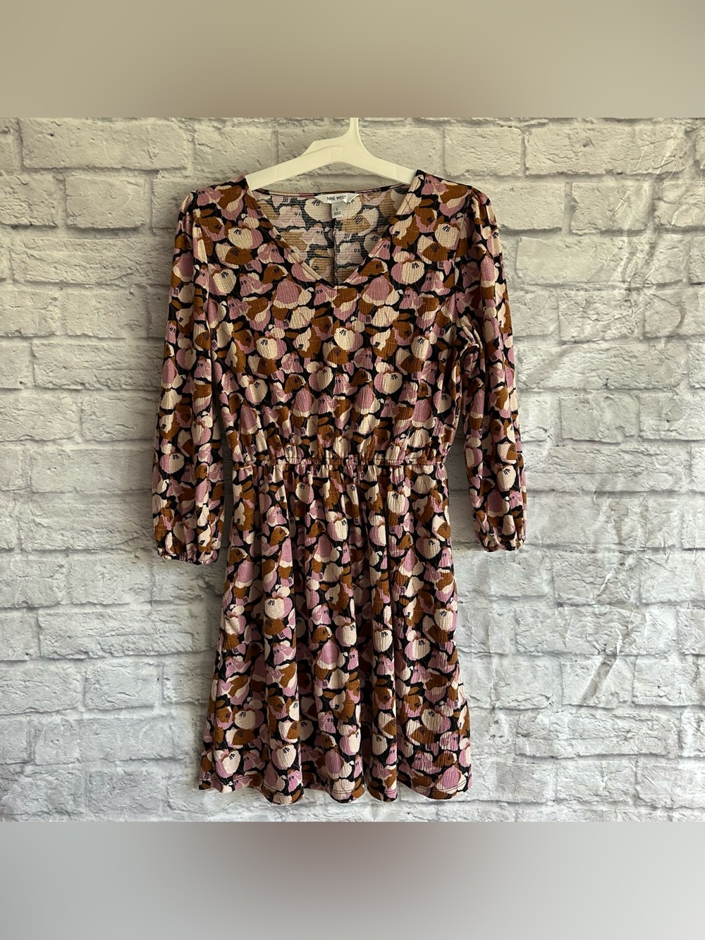 PREOWNED NINE WEST LONG SLEEVE V NECK FLORAL DRESS BROWN PURPLE SMALL S